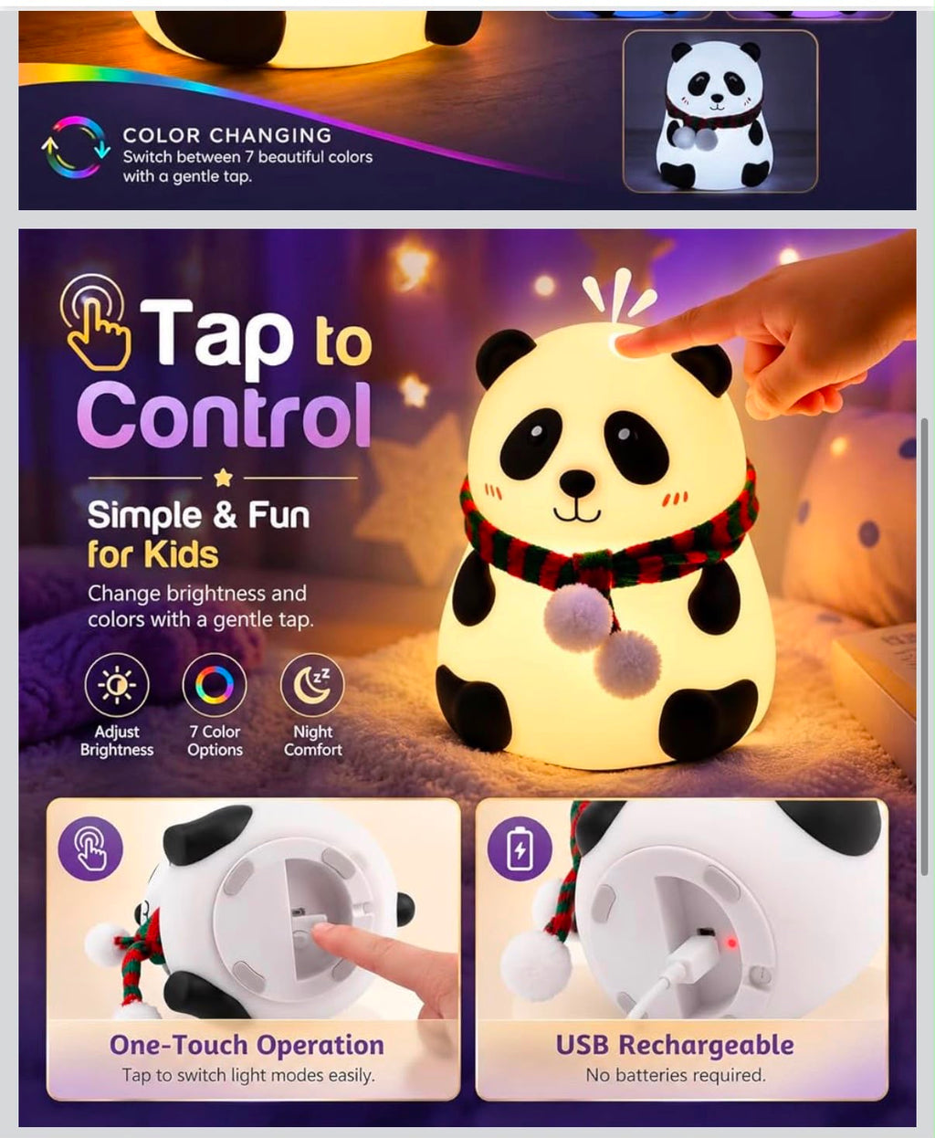 IGNITE GEDGETS Cute Silicone Panda LED Night Light (7-Color Tap Lamp)