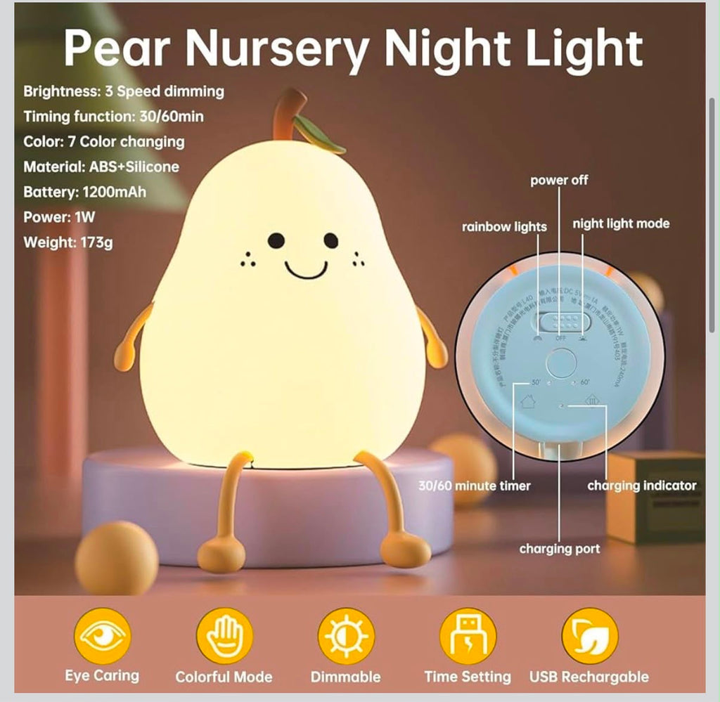 IGNITE GEDGETS Cute Pear Silicone Nursery Night Light (3-Speed Dimmable & 7 Colors)
