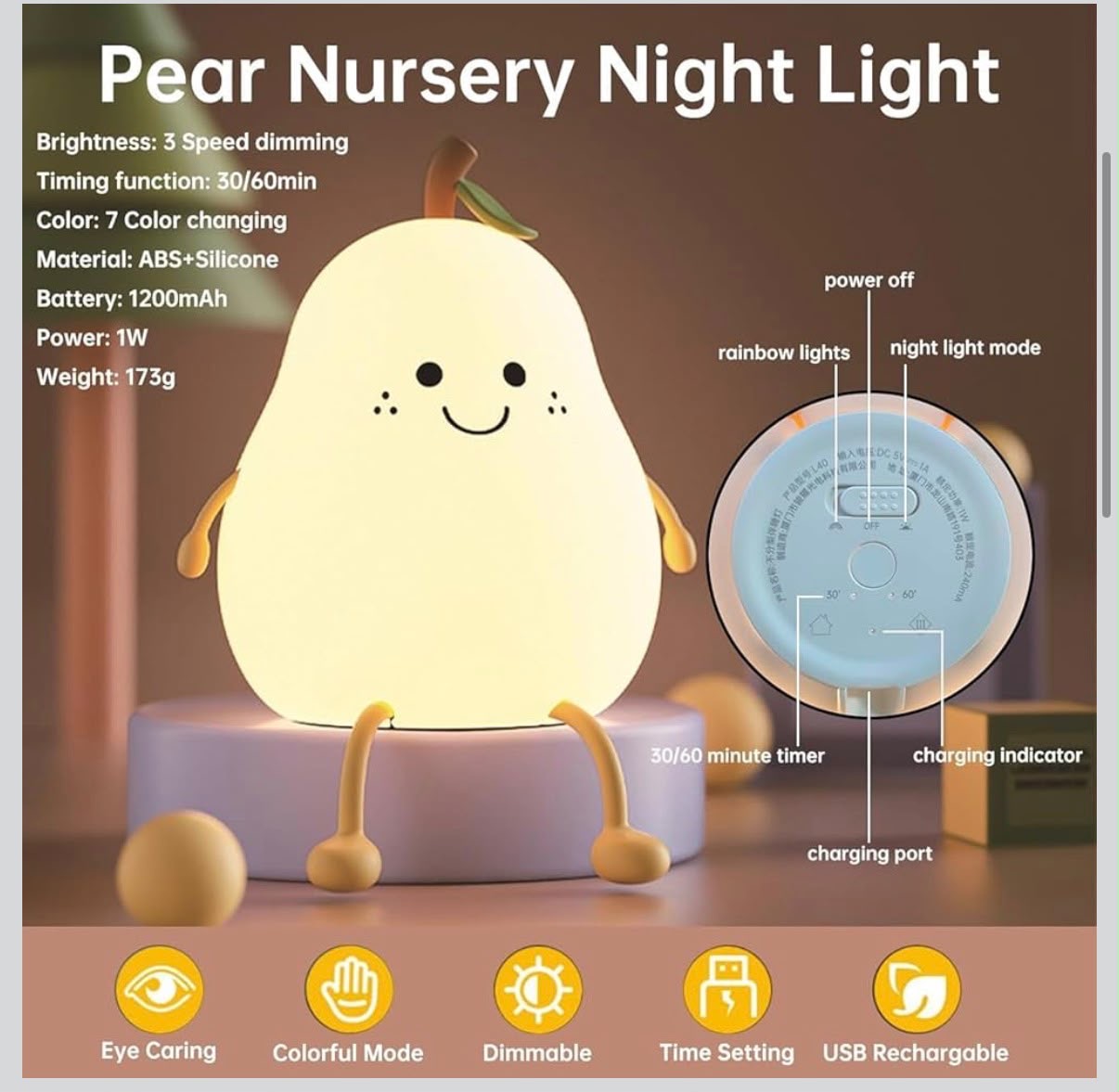 IGNITE GEDGETS Cute Pear Silicone Nursery Night Light (3-Speed Dimmable & 7 Colors)