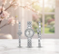 IGNITE GEDGETS Sparkling Rhodium-Finish Crystal Halo Wristwatch with Heart Clover & Serpent Bangles