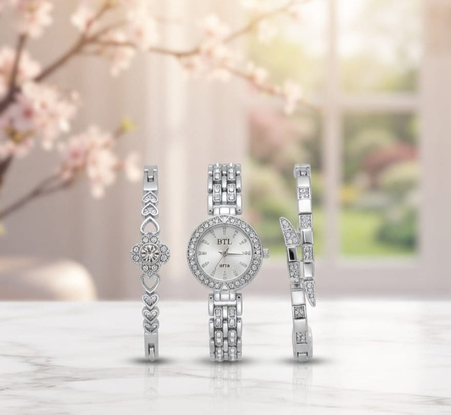 IGNITE GEDGETS Sparkling Rhodium-Finish Crystal Halo Wristwatch with Heart Clover & Serpent Bangles