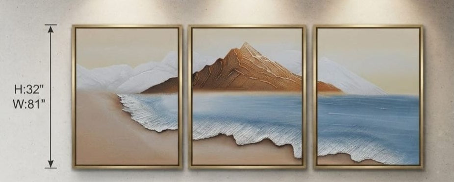 IGNITE GEDGETS Golden Ridge Coastal Triptych 3-Piece Framed Canvas Wall Art (H: 32" x W: 81")