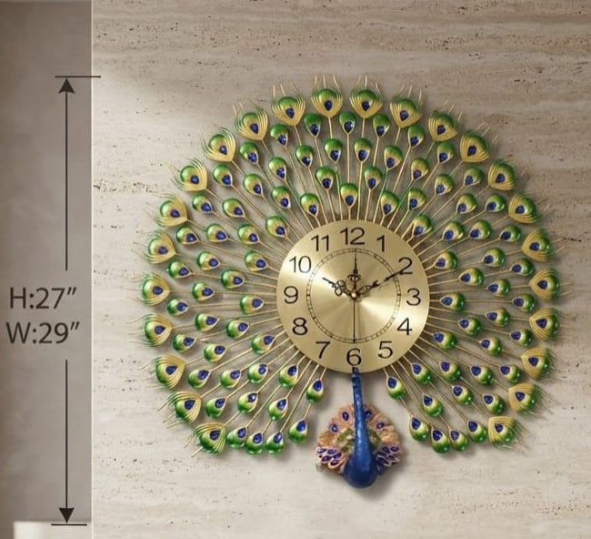 IGNITE GEDGETS Grand Imperial Peacock Feather Metal Wall Clock (H: 27" x W: 29")
