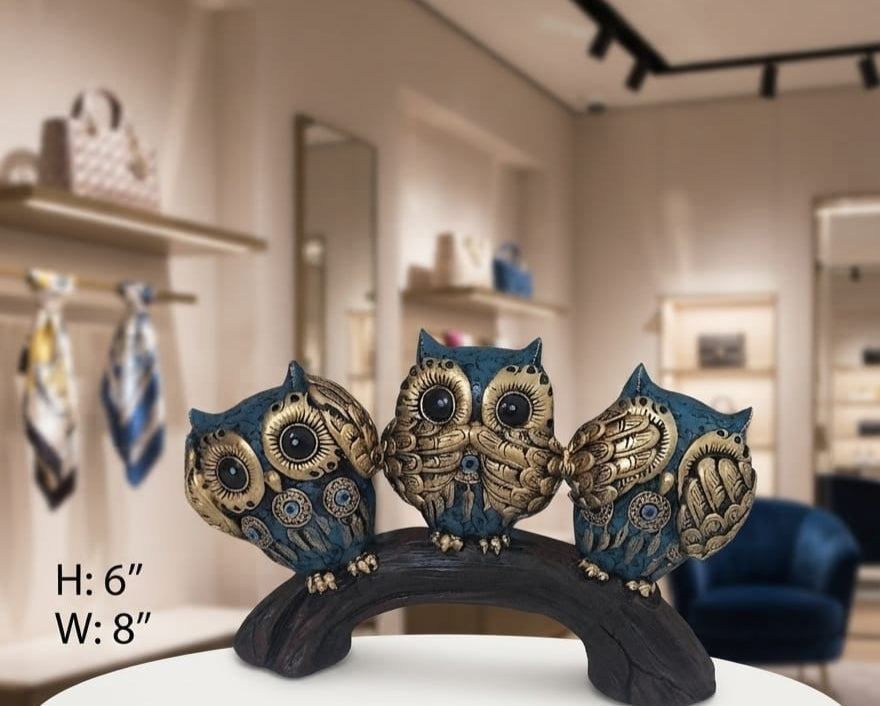 IGNITE GEDGETS Teal Blue & Antique Gold Three Wise Owls Figurine on Wood Branch