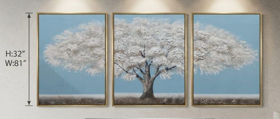 IGNITE GEDGETS Serene White Blossom Tree of Life 3-Piece Framed Canvas Wall Art (H: 32" x W: 81")