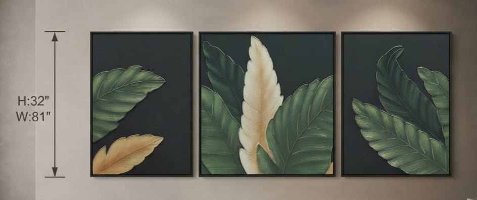 IGNITE GEDGETS Emerald & Gold Tropical Foliage 3-Piece Framed Canvas Wall Art (H: 32" x W: 81")