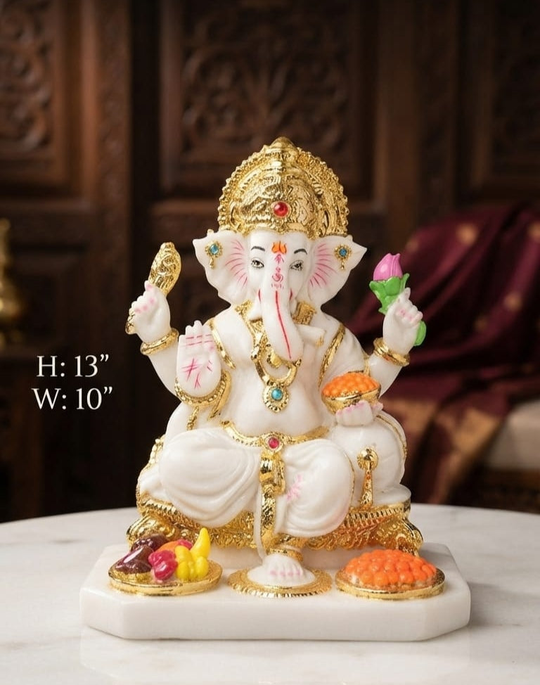 IGNITE GEDGETS Divine White Marble Finish Ganesha Idol with Gilded Crown & Bhog Thali (H: 13" x W: 10")