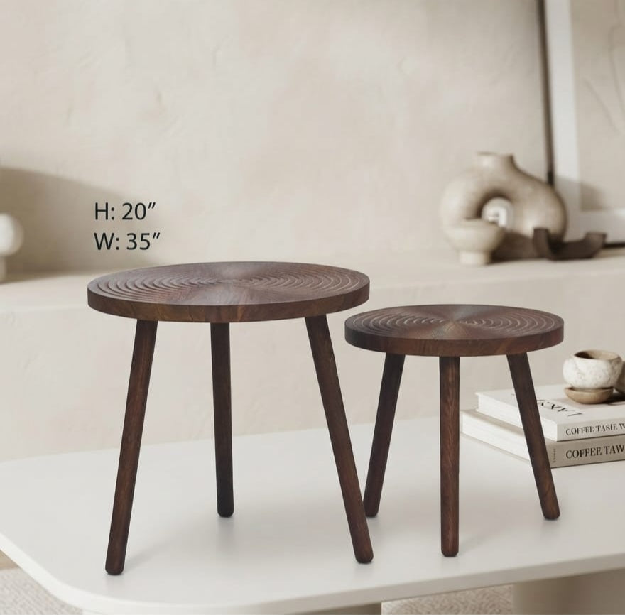 IGNITE GEDGETS Handcrafted Dark Walnut Tripod End Tables with Carved Concentric Ripple Tops
