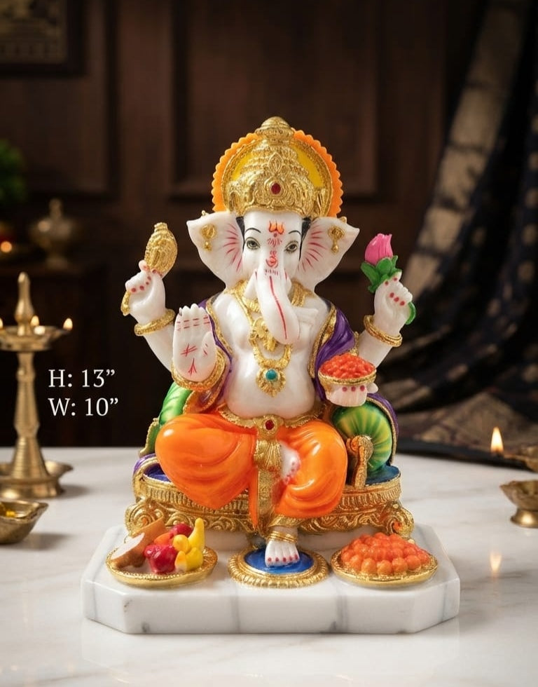: IGNITE GEDGETS Artisanal Multicolor Marble-Look Vinayaka Statue on Royal Throne for Living Room & Office Decor