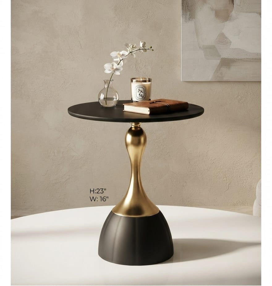 IGNITE GEDGETS Sculptural Black & Brushed Gold Round Drink Table with Fluted Dome Base