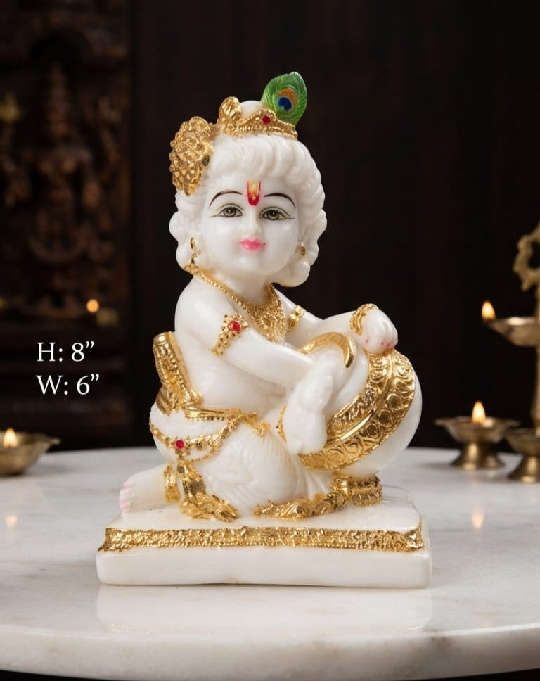 IGNITE GEDGETS Bal Gopal Krishna Idol with Butter Pot & Peacock Feather (H: 8" x W: 6")