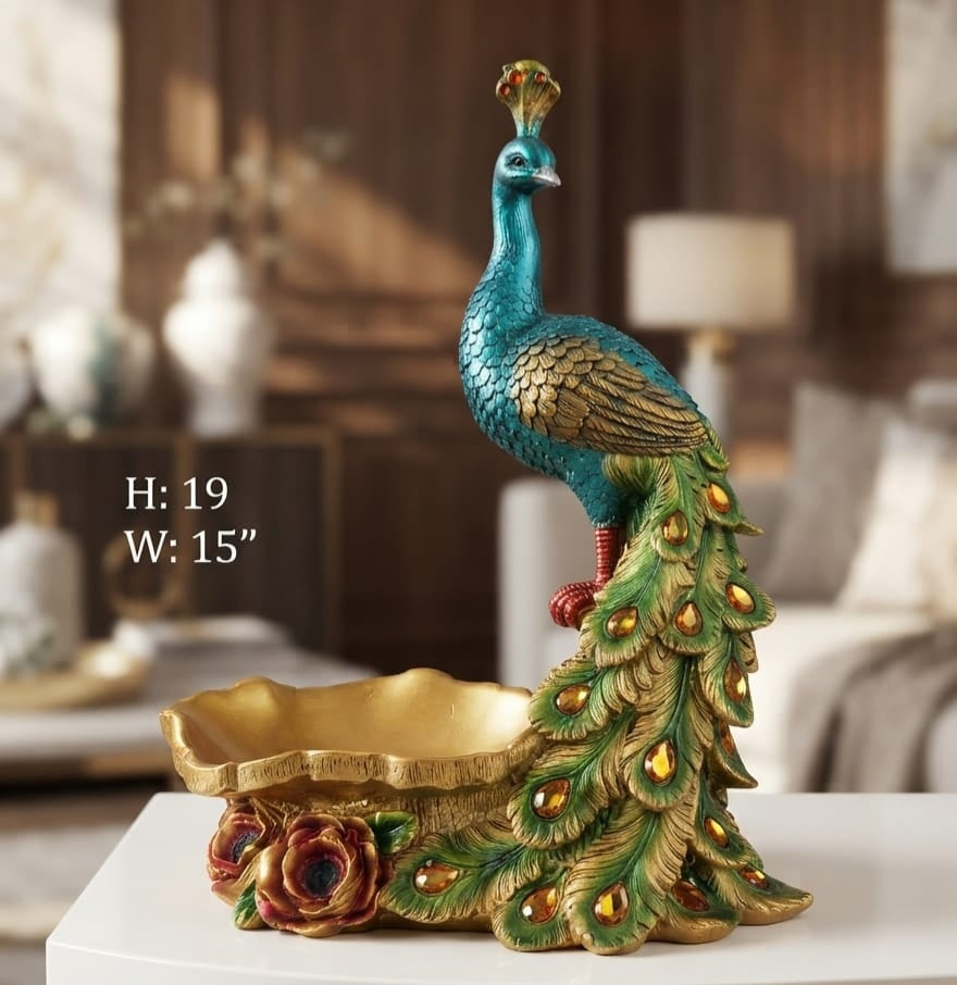 IGNITE GEDGETS Handcrafted Jeweled Peacock Figurine with Floral Gilded Basin for Wealth & Grace