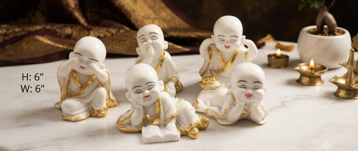 IGNITE GEDGETS Cute Baby Monk Buddha Figurine Set with Gold Foil Accents (Set of 5)