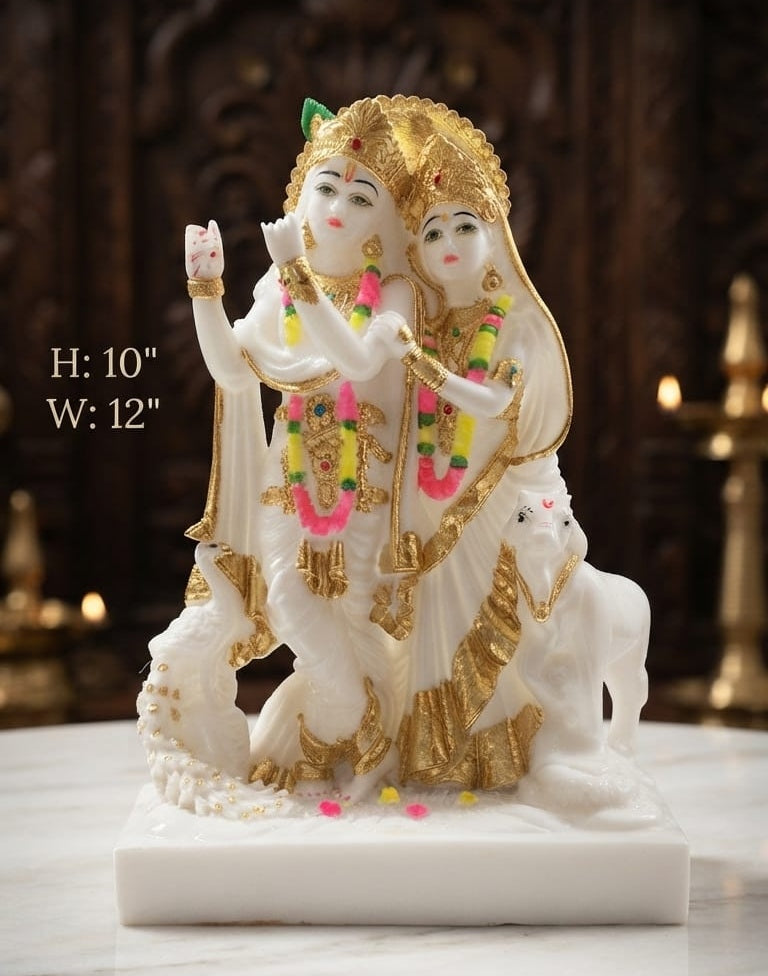 IGNITE GEDGETS Artisanal Marble-Look Radha Krishna Hindu Idol on Rectangular Base for Living Room, Altar & Gifting