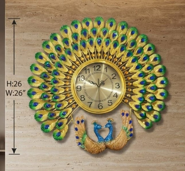 IGNITE GEDGETS Royal Twin Peacock Metal Wall Clock (26" x 26" Large Luxury Decor)