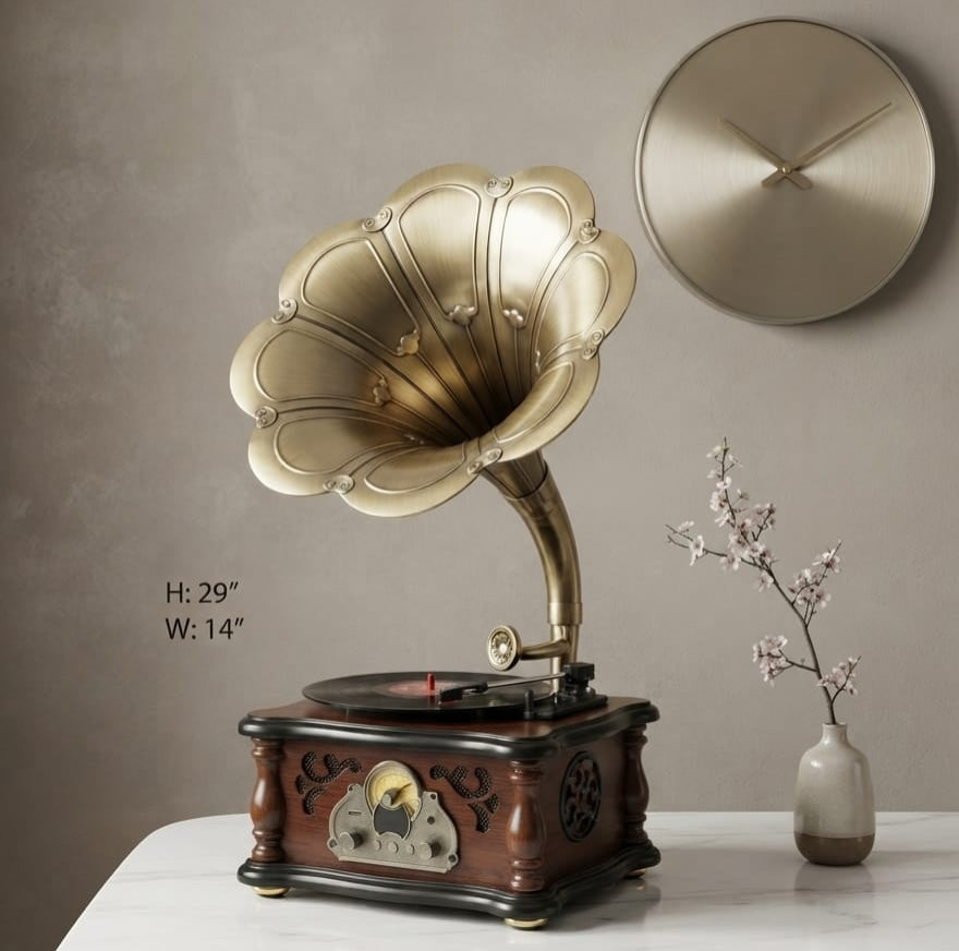 IGNITE GEDGETS Handcrafted Vintage Gramophone Acoustic Centerpiece with Walnut Wood Base for Living Room & Study