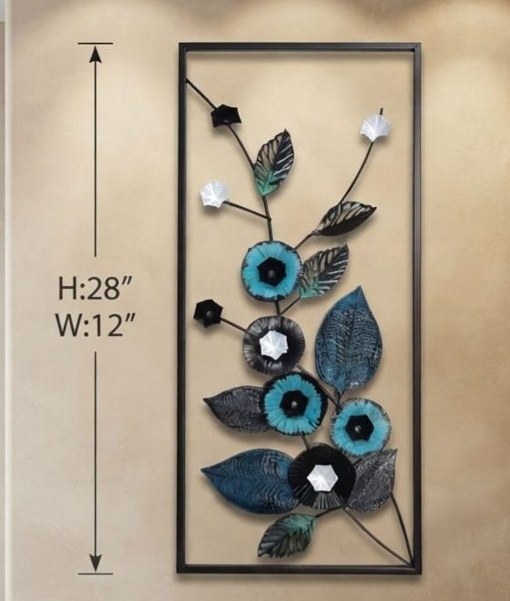 IGNITE GEDGETS Cyan Blossom Vertical Metal Frame Wall Sculpture (H: 28" x W: 12")