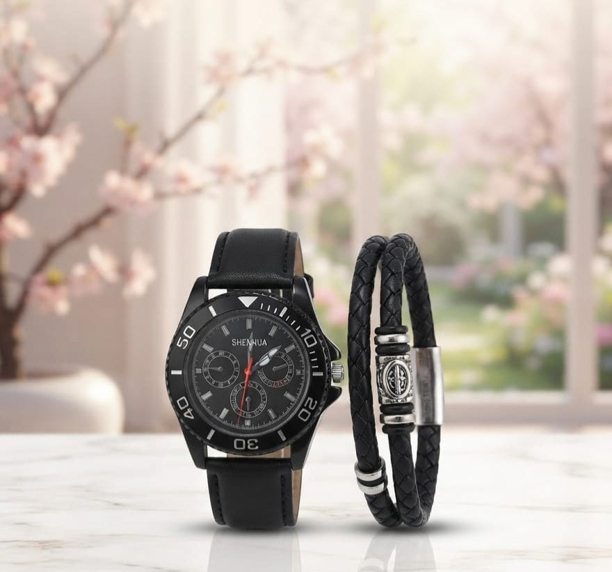 IGNITE GEDGETS Men's All-Black Sports Quartz Watch & Braided Leather Bracelet Gift Set