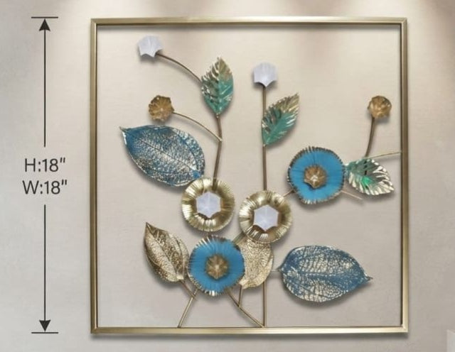IGNITE GEDGETS Aqua Floral Bloom Square Metal Frame Wall Sculpture (H: 18" x W: 18")