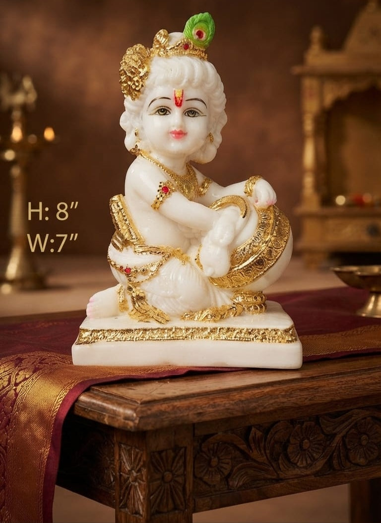 GNITE GEDGETS Divine Little Krishna Laddu Gopal Statue with Butter Matki & Mor Pankh for Pooja Mandir