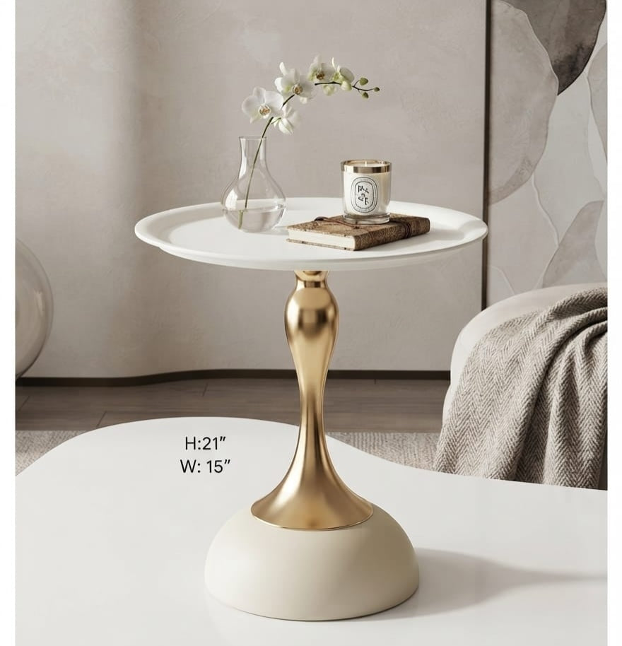 IGNITE GEDGETS Sculptural Cream & Brushed Gold Round Drink Table with Anti-Spill Edge