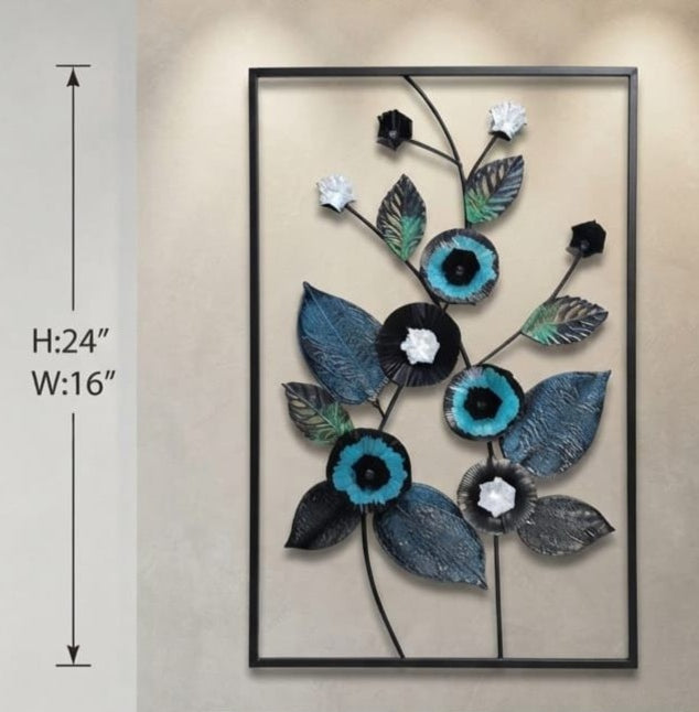 IGNITE GEDGETS Cyan Flora 3D Metal Frame Wall Sculpture (H: 24" x W: 16")