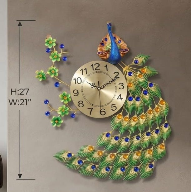 IGNITE GEDGETS Royal Majestic Peacock Metal Wall Clock with Blossom Branch (H: 27" x W: 21")