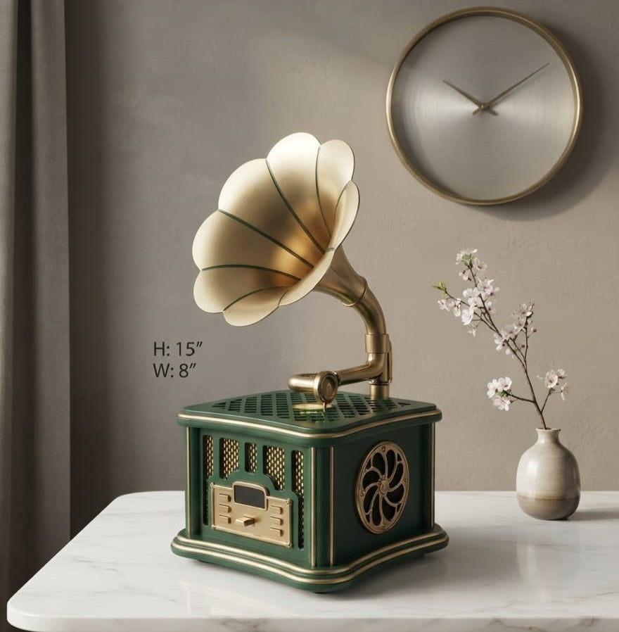 IGNITE GEDGETS Retro Vintage Gramophone Phonograph Centerpiece with Brass Acoustic Grille & Digital Console