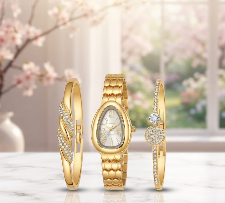 IGNITE GEDGETS Serpent Luxury Gold-Tone Wristwatch with Honeycomb Scale Band & Pave Bangle Combo